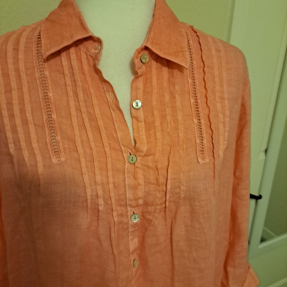 Linen Dress 120% Lino Embroidered Knee Length Pink Size 38 US Size XXS EUC